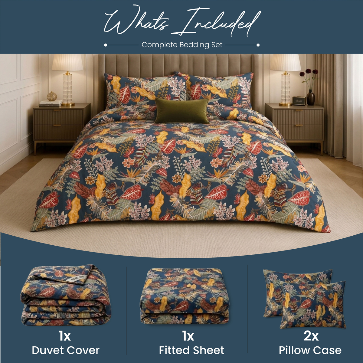 Forest Bloom Botanical Duvet Cover Set – Midnight Navy