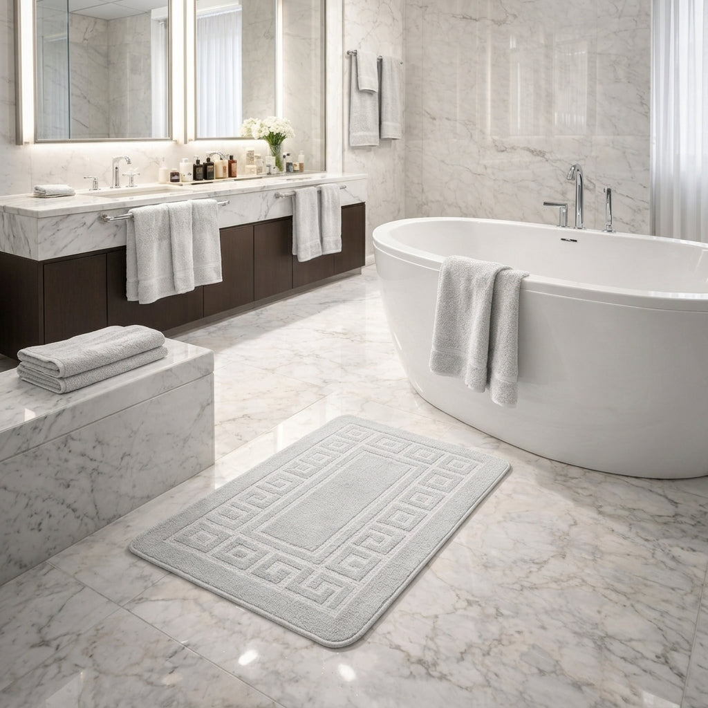 Ultra-Soft Embossed Greek Key Non-Slip Bath Mat Runner – Light Grey