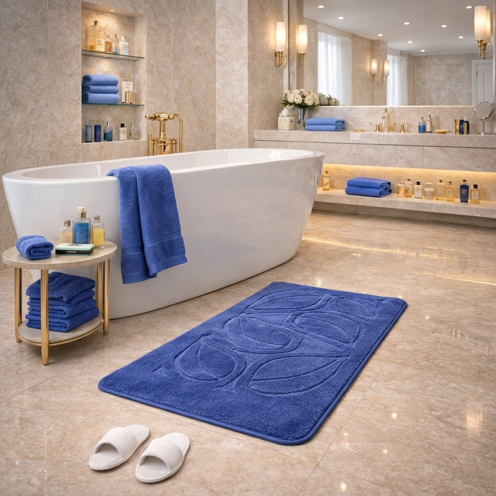 Ultra-Soft Embossed Leaf Non-Slip Bath Mat Runner – Royal Blue