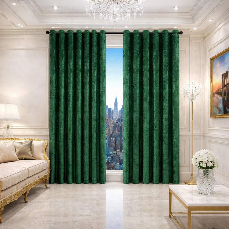 Luxury Forest Green Velvet Embossed Eyelet Curtains – Heavy Thermal Blackout Drapes