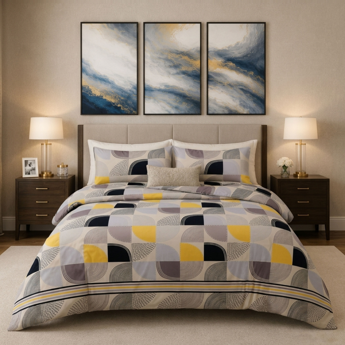 Velora Grid Geometric Arc Duvet Cover Set – Ochre & Navy