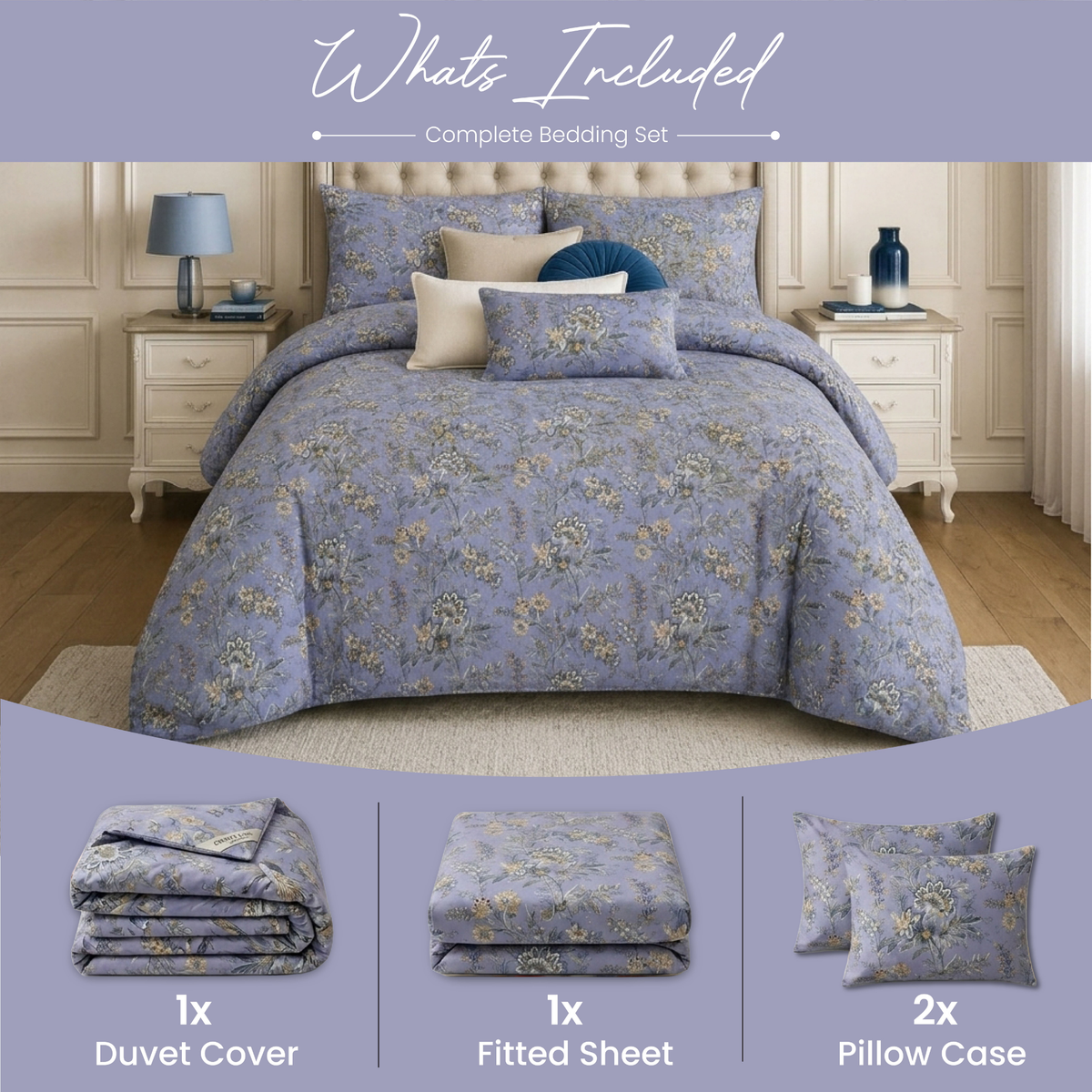 Bluebell Bloom Floral Duvet Cover Set – Cornflower Blue
