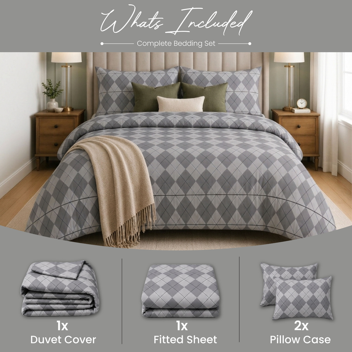 Nordic Slate Geometric Argyle Duvet Cover Set