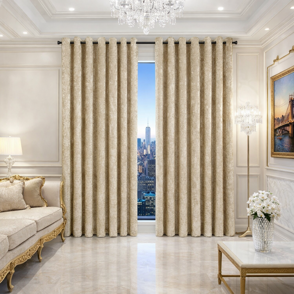 Luxury Beige Velvet Embossed Eyelet Curtains – Heavy Thermal Blackout Drapes