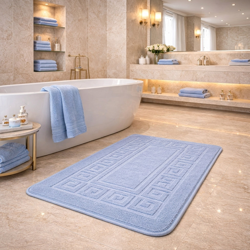 Ultra-Soft Embossed Greek Key Non-Slip Bath Mat Runner – Light Blue