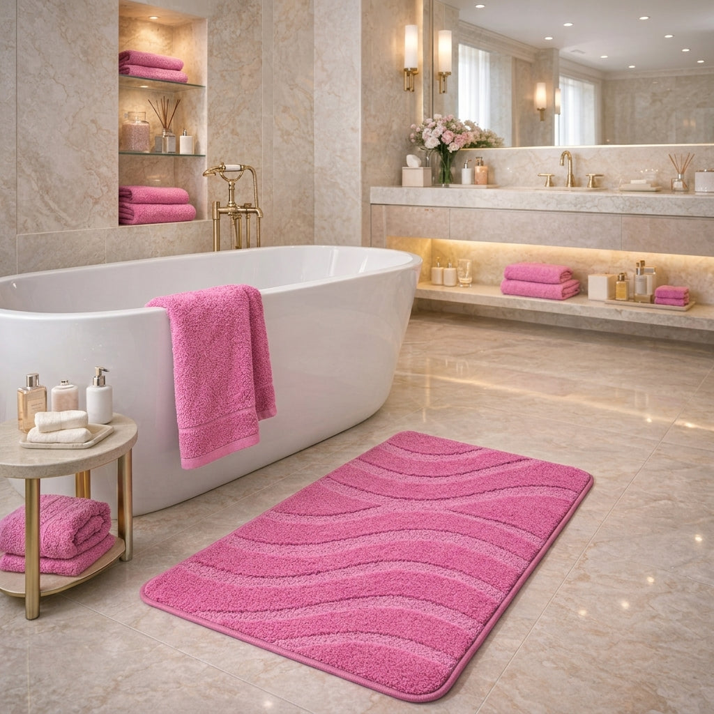 Luxury Wavy Patterned Pink Bath Mat – Non-Slip Absorbent Bath Rug Runner