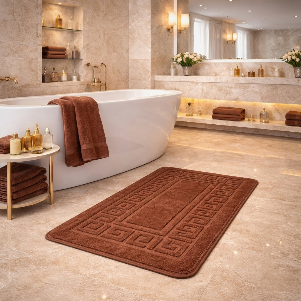 Ultra-Soft Embossed Greek Key Non-Slip Bath Mat Runner – Chocolate Brown