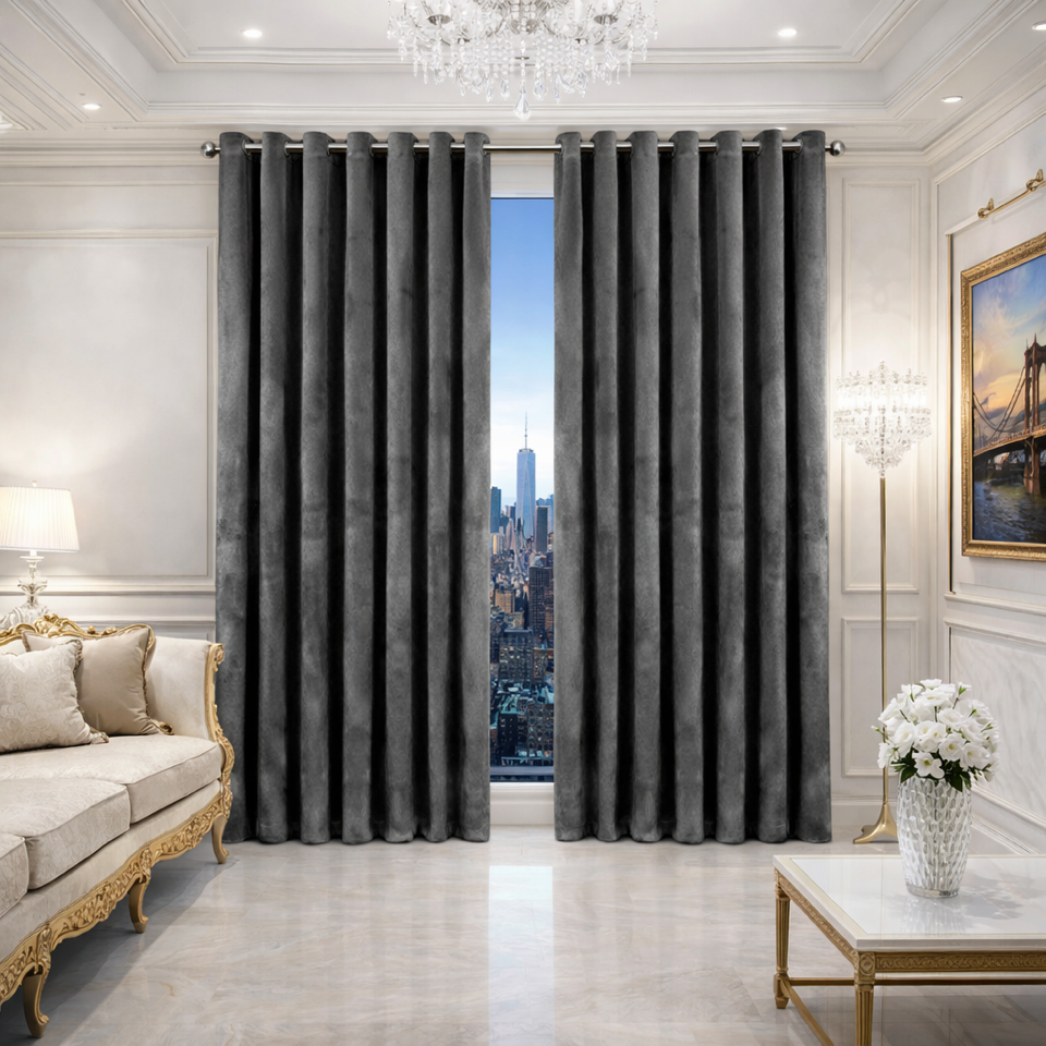 Luxury Charcoal Grey Velvet Embossed Eyelet Curtains – Heavy Thermal Blackout Drapes