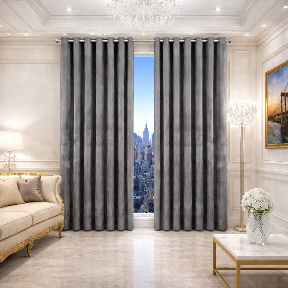 Luxury Mid-Grey Velvet Embossed Eyelet Curtains – Heavy Thermal Blackout Drapes