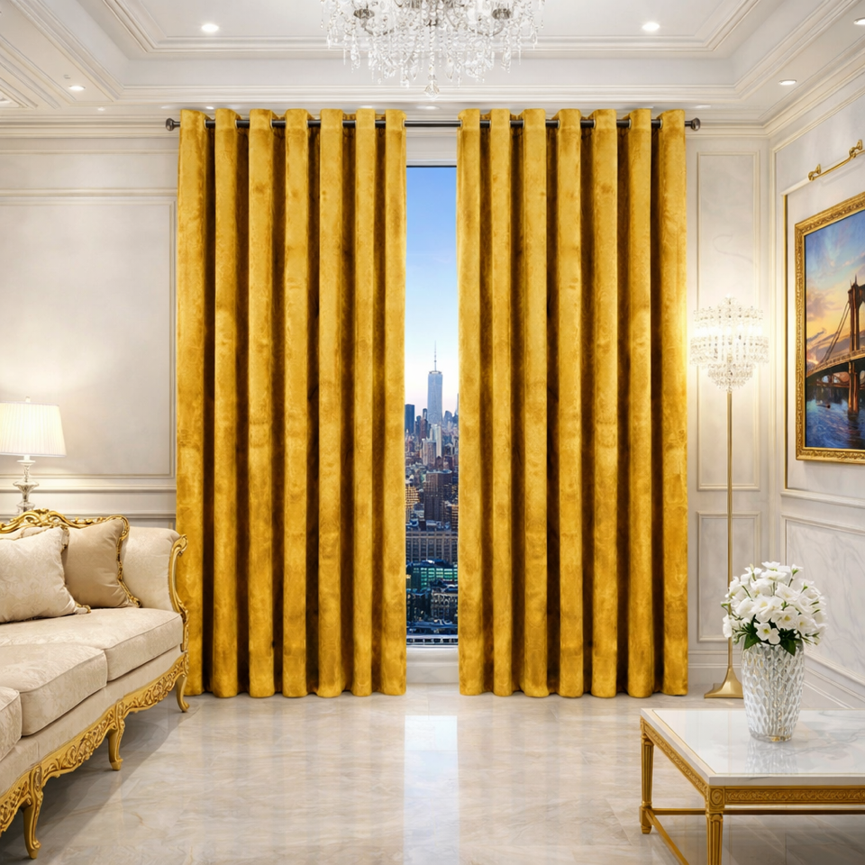 Luxury Ochre Yellow Velvet Embossed Eyelet Curtains – Heavy Thermal Blackout Drapes